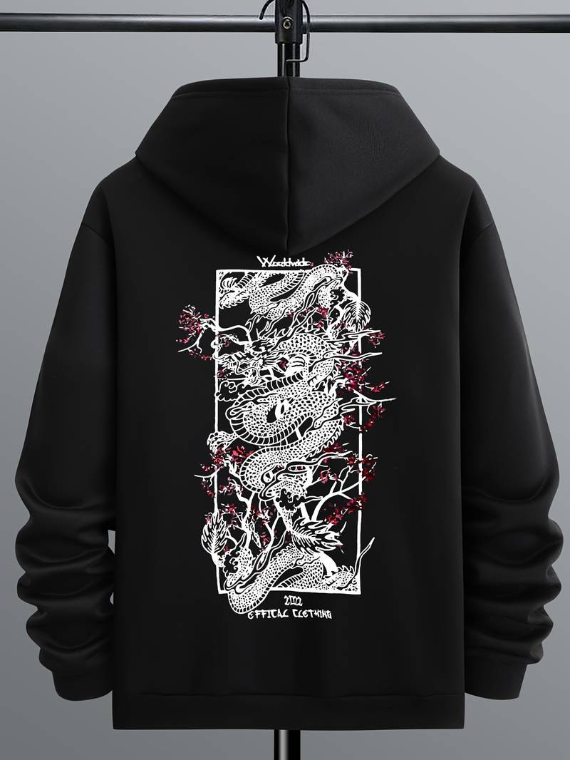 Dragon Print, Men's Casual Hoodie, Drawstring Pocket Hoodie