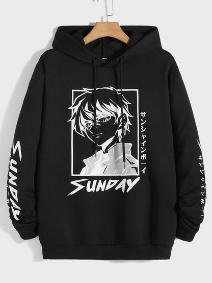 unisex Japanese Letter & Figure Graphic Drawstring Hoodie